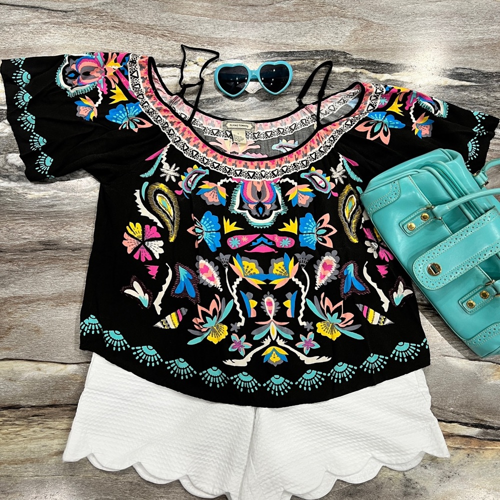 Flying Tomato off shoulder Black top with embroidery look design